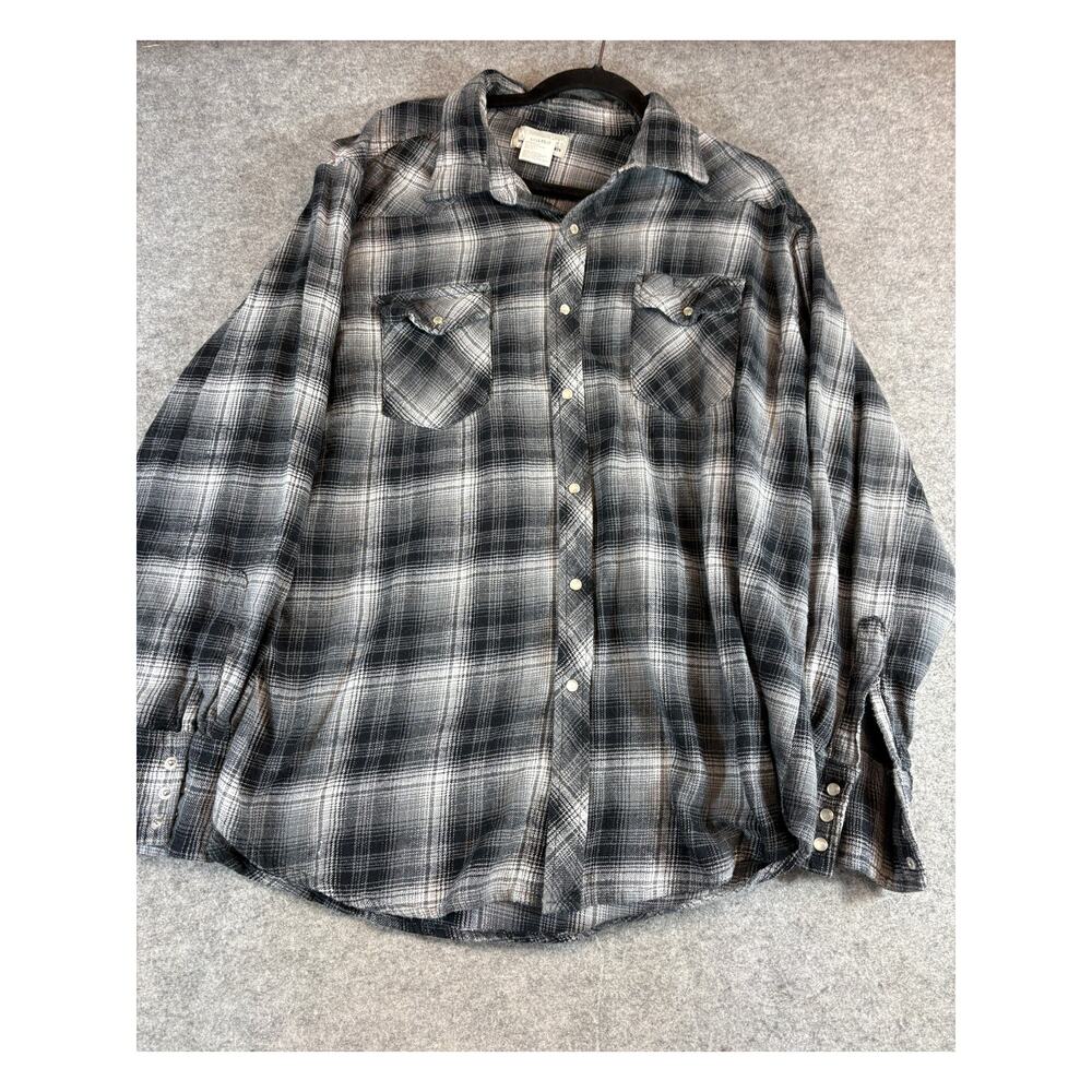 VINTAGE Wrangler Wrancher Pearl Snap Shirt Mens 2XL Gray Plaid Flannel Western